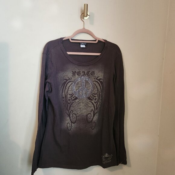 Katydid Tops - Katydid Vintage Y2K Brown Rhinestone Peace Long Sleeve Tee | Size XL